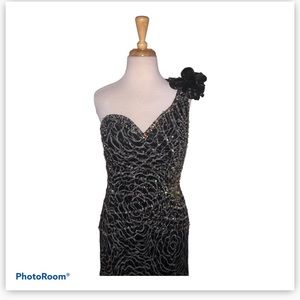 Tony Bowls Evenings black and white sequin gown.